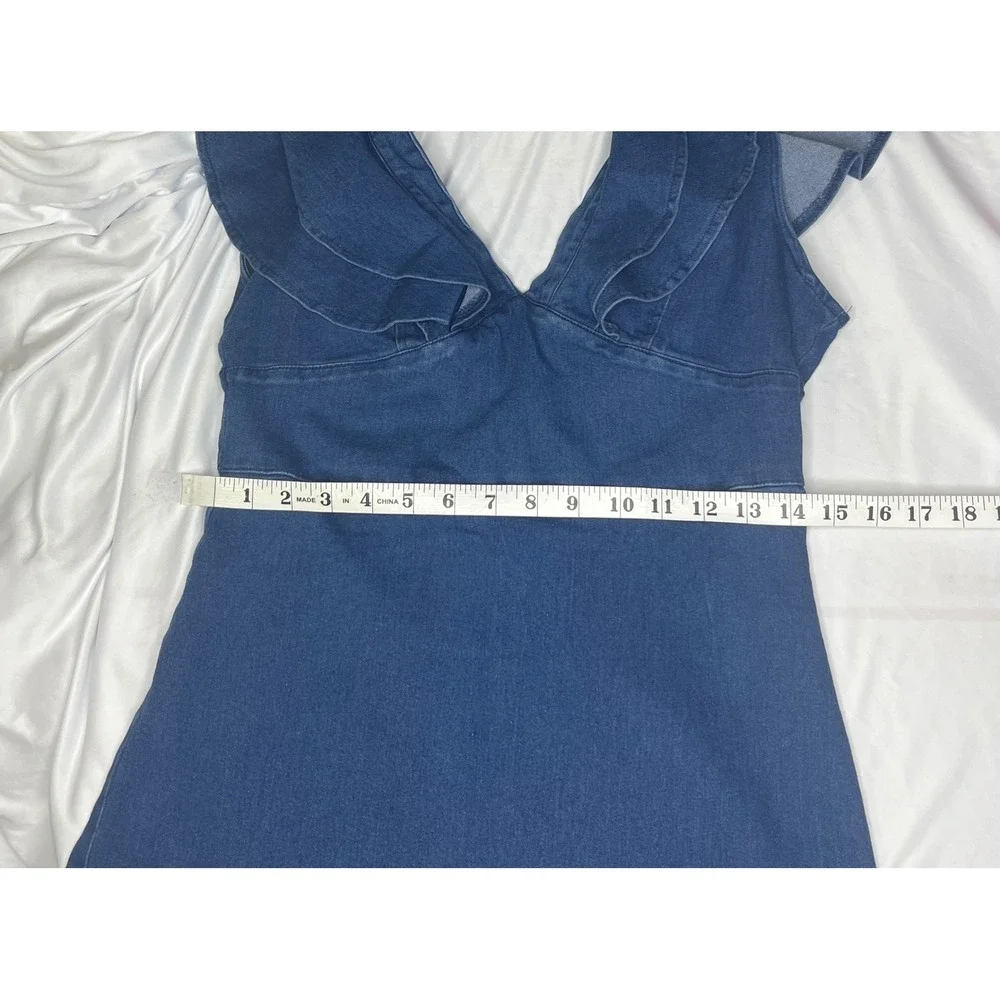 Flying Tomato Denim Mini‎ Dress Ruffle Sleeves V Neck Dark Wash Size M, NWT - Picture 7 of 7